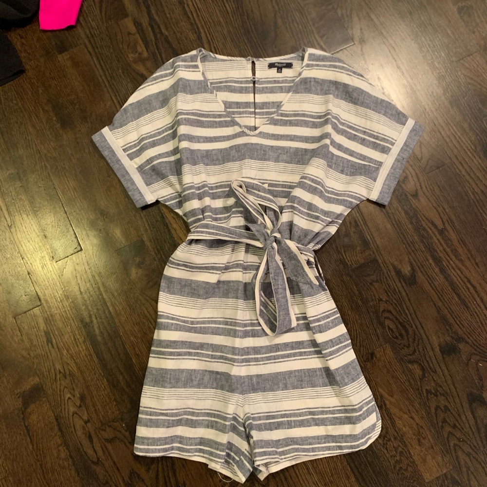 Madewell White and Blue Striped Tie-Waist Romper